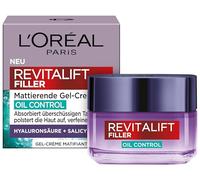 L'Oréal Paris Revitalift Filler Crema de gel matificante Oil Control - Crema facial con ácido hialurónico y ácido salicílico contra la piel grasa, 50 ml