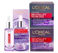 L'Oréal Paris Revitalift Filler - Kit de sérum antiarrugas rellenador e hidratante 30 ml, tratamiento antiedad reafirmante de 50 ml y tratamiento facial noche rellenador con ácido hialurónico de 50 ml