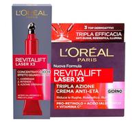 L'Oréal Paris Revitalift Laser X3 - Crema facial día antiedad, triple acción reafirmante iluminadora, pro-retinol, vitamina C + contorno ojos concentrado drenante, 2 tratamientos con ácido hialurónico