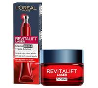 L'Oréal Paris Revitalift Laser X3 - Crema facial día antiedad, triple acción reafirmante iluminadora, pro-retinol, vitamina C + contorno ojos concentrado drenante, 2 tratamientos con ácido hialurónico