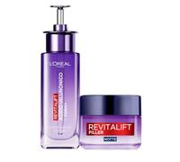 L'Oréal Paris Revitalift Sérum Facial Iluminador + Crema Noche Anti-Arrugas | 2 Tratamientos con Ácido Hialurónico, Acción Rellenadora y Redensificante