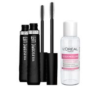 L'Oréal Paris Telescopic Lift - Máscara de pestañas alargadora y con volumen, fórmula vegana con complejo de ceramida, textura ligera, antigrumos o rebabas, color negro, 2 cosméticos + agua micelar 30