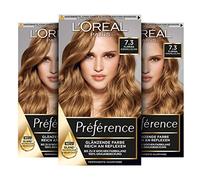 L'Oréal Paris Tinta para el pelo permanente, set de coloración con bálsamo de cuidado y brillo, Préférence, 7.3 rubio caramelo, pack de 3