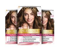 L'Oréal Paris Tinte permanente para el cabello, cobertura 100% de canas, kit de coloración, champú y crema de 3 capas de cuidado, crema Excellence, 4,3 marrón dorado, 3 x 268 g