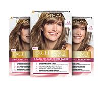 L'Oréal Paris - Tinte permanente para el cabello, cobertura 100% de canas, kit de coloración con coloración, champú y crema de cuidado triple, Excellence Creme, 7.1 rubio ceniza medio, 3 x 268 g