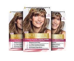 L'Oréal Paris - Tinte permanente para el cabello, cobertura 100% de canas, kit de coloración con coloración, champú y crema de cuidado triple, Excellence Creme, 7.1 rubio ceniza medio, 3 x 268 g