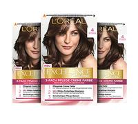 L'Oréal Paris Tinte permanente para el cabello, cobertura 100% de canas, kit de coloración del cabello con coloración, champú y crema de color de cuidado triple, Excellence Creme, 4 castaño medio, 3 x