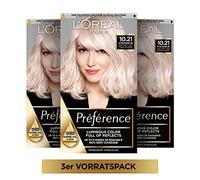 L'Oréal Paris - Tinte permanente para el cabello con coloración y bálsamo para el cuidado del cabello, préférence 10.21 platino rubio nacarado, juego de 3
