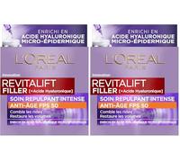 L'Oréal Paris - Tratamiento repelente intenso antienvejecimiento FPS 50 - Crema de día con ácido hialurónico con protección UV - Arrugas y arrugas - Para todo tipo de pieles - Revitalift Filler - 50