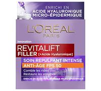 L'Oréal Paris - Tratamiento repelente intenso antienvejecimiento FPS 50 - Crema de día con ácido hialurónico con protección UV - Arrugas y arrugas - Para todo tipo de pieles - Revitalift Filler - 50
