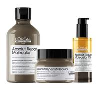 L'Oréal Professionnel Absolut Repair Molecular Pack Champú, Mascarilla y Aceite Molecular con Péptidos y 5 Aminoácidos, Reparación y Brillo Anti-Frizz, 3 Unidades