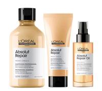 L'Oréal Professionnel Absolut Repair Pack Champú, Acondicionador y Aceite Serie Expert, Reparación para Cabello Seco y Dañado, con Proteína y Omega-9, 3 Unidades