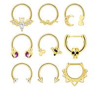 LOREMOW 9 anillos de tabique de herradura de acero inoxidable 16G para mujer, cartílago, hélice, tragus, aretes de daith, aretes de aro, murciélago de serpiente, joyería gótica, Metal, circonita