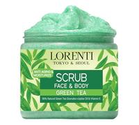 Lorenti Exfoliante de té verde de 500 ml para cara y cuerpo, aceite de jojoba y vitamina E, anticelulitis, antienvejecimiento, más suave e hidrata