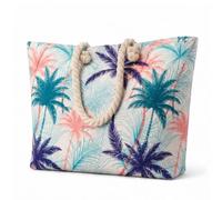 Lorenz Bolsa de playa XL para mujer, bolsa grande con cremallera superior, asas de cuerda y bolsillo interior con cremallera, palmeras, tortugas, conchas y estrellas de mar o flores tropicales rosas