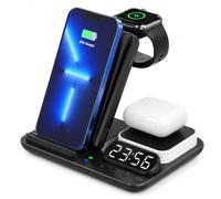 LORESJOY Cargador Inalámbrico 5 en 1 con Alarma y Luz Nocturna LED | Carga Rápida 15W para iPhone 17/16/15/14/13/12, Samsung, AirPods, Apple Watch, Estación Plegable de Escritorio