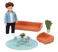 Lori - Mini Boy Doll & Toy Living Room Furniture - 6-Inch Boy Doll & Dollhouse Accessories - Sofa, Armchair, Coffee Table, Rug, Plants - Play Set for Kids - 3 Years + - Miguel's Lounge Set