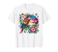 Loro Guacamayo exótico Tropical Floral Vista al Mar Camiseta