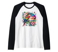 Loro Guacamayo exótico Tropical Floral Vista al Mar Camiseta Manga Raglan