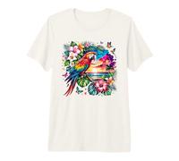 Loro Guacamayo exótico Tropical Floral Vista al Mar Camiseta Premium