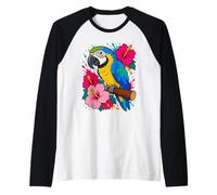 Loro Guacamayo Tropical e Hibisco Floral pájaro de la Isla Camiseta Manga Raglan