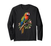 Loro Tropical en Rama con Hojas y Flores Rosas Manga Larga