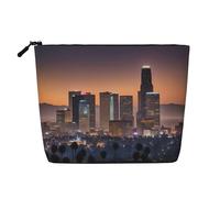 Los Angeles Skyline - Bolsa de maquillaje resistente al agua, cáñamo falso, organizador de cosméticos grande, bolsa de viaje con cremallera