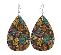 Los aretes de cuero con forma de gota para mujer con estampado de calaveras de azúcar son adecuados para fiestas, fiestas de vacaciones y regalos., talla única