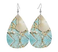 Los aretes de cuero en forma de gota para mujer con forma de gota de conchas marinas y estrellas de mar azules son adecuados para fiestas, fiestas de vacaciones y regalos., talla única