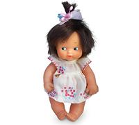 los Barriguitas - muñeca con el Pelo Oscuro y un Lazo, Lleva un vestidito Beige con Bordados de Color Naranja y Azul, para niñas Desde 3 años, 4 Modelos coleccionables Diferentes, Famosa (700017267)