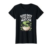 Los Buenos días comienzan con los Amantes del té Verde Matcha Camiseta gráfica económica, Mujer, Negro, S