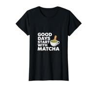 Los Buenos días comienzan con té Matcha con Cita Camiseta gráfica económica, Mujer, Negro, XS