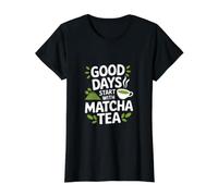 Los Buenos días comienzan con un Entusiasta del té Matcha Camiseta gráfica económica, Mujer, Negro, XS