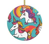 Los colgantes redondos de cerámica de Navidad con estampado de unicornios coloridos en YYHWHJDE son suaves y delicados para decoración de vacaciones, fiestas, bailes y escaparates