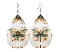 Los delicados aretes de piel con forma de lágrima de libélula dorada sobre fondo amarillo son un accesorio lujoso y de moda adecuado para mujeres, mostrando encanto individual.