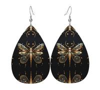 Los delicados aretes de piel con forma de lágrima de libélula dorada sobre fondo negro son un accesorio lujoso y de moda adecuado para mujeres, mostrando encanto individual.