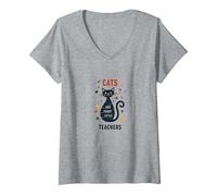 Los Gatos Son pequeños Maestros Peludos: sabiduría caprichosa de Mascotas Camiseta Cuello V, Mujer, Gris Jaspeado, M
