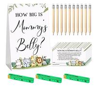 Los juegos de 64 piezas de adivinanzas para baby shower incluyen How Big is Mommy's Belly Sign Measure Mommy's Belly Sign y 50 tarjetas de adivinación con 10 lápices, 3 cintas métricas para fiesta de