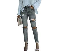 Los Pantalones Vaqueros De Novio Negro De Las Mujeres Se Rasgaron Los Pantalones De Mezclilla del Tobillo Desgastados Angustiados,Caqui,S