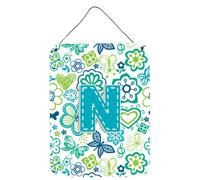 Los tesoros de Caroline CJ2006-NDS1216 Letra N, flores y mariposas, azul verdoso, impresi n para colgar en la pared o la puerta, 40,6 x 30,5 cm,