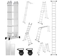 Lospitch Escalera multiuso, 4 x 5, 582 cm, 7 en 1, con 2 plataformas, escalera multiuso de aluminio, con 2 ruedas de transporte hasta 150 kg, escalera de trabajo, 20 peldaños, plateado