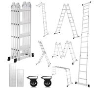 Lospitch Escalera multiusos 4 x 4, 470 cm, 7 en 1, con 2 plataformas, de aluminio, con 2 ruedas de transporte de hasta 150 kg, escalera de trabajo de 16 peldaños, color plateado