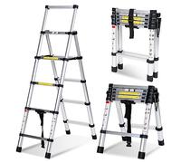 Lospitch Escalera telescópica plegable 1,4 + 1,7 m de aluminio antideslizante, escalera multiusos con marco en A, escalera de aluminio de 4 + 5 peldaños, capacidad de carga de 150 kg