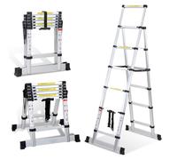 Lospitch Escalera telescópica plegable de 1,7 + 2 m, escalera de aluminio antideslizante, multiusos, marco A, 5 + 6 peldaños, capacidad de carga de 150 kg