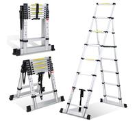 Lospitch Escalera telescópica plegable de 2 m + 2,3 m, escalera de aluminio antideslizante, multiusos, marco A, 6 + 7 peldaños, capacidad de carga de 150 kg