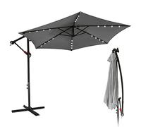 Lospitch Sombrilla con LED solar, sombrilla de aluminio con manivela, protección UV y repelente al agua, sombrilla de jardín, gris, Ø300cm