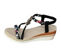 LOSVIP Alpargatas Boho Sandalias Mujer Tacón Cuña Plataforma Colorido Aspecto de Yute Trenzado Flores Elegantes Ligeras Zapatos de Verano para Vacaciones Playa Boda, Negro , 41 EU