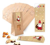 Lot de 10 petites Marron Bloc de sac à fond avec fenêtre + Tapis de parchemin (10,5 x 6,5 x 29 cm) + 10 Rouge Saint Nicholas de Noël blanches autocollants - Sacs Papier lebensmittel de véritable