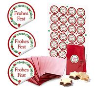 Lot de 10 petits sacs en papier avec fond et fond en parchemin 7 x 4 x 20,5 cm + 24 autocollants ronds de 4 cm FROHES FROHES FEST Boîte cadeau de Noël