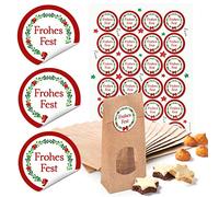 Lot de 10 petits sacs en papier brun avec fenêtre et fond en parchemin 7 x 4 x 20,5 cm + 24 autocollants ronds de 4 cm FROHES FEST couronne rouge vert emballage cadeau de Noël